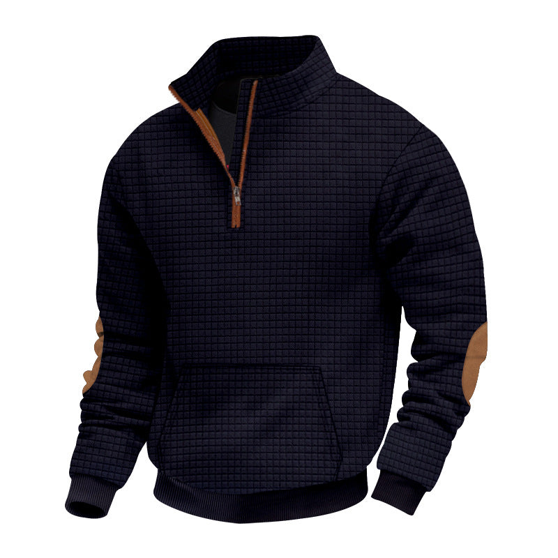 Herren nan gesteppter Halbzip Pullover mit Reißverschlusskragen und Kunstleder-Ellbogenpatches Drune