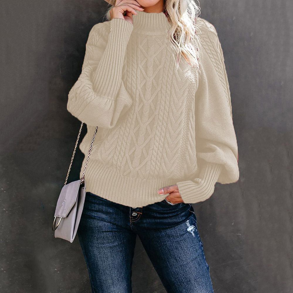 Damen Strickpullover mit hohem Kragen und ausgefallenem Zopfmuster Drune