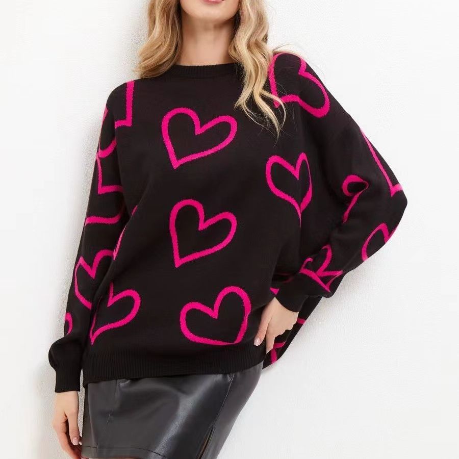 Damen Oversized Pullover mit Herzmuster und lässigem Schnitt Drune