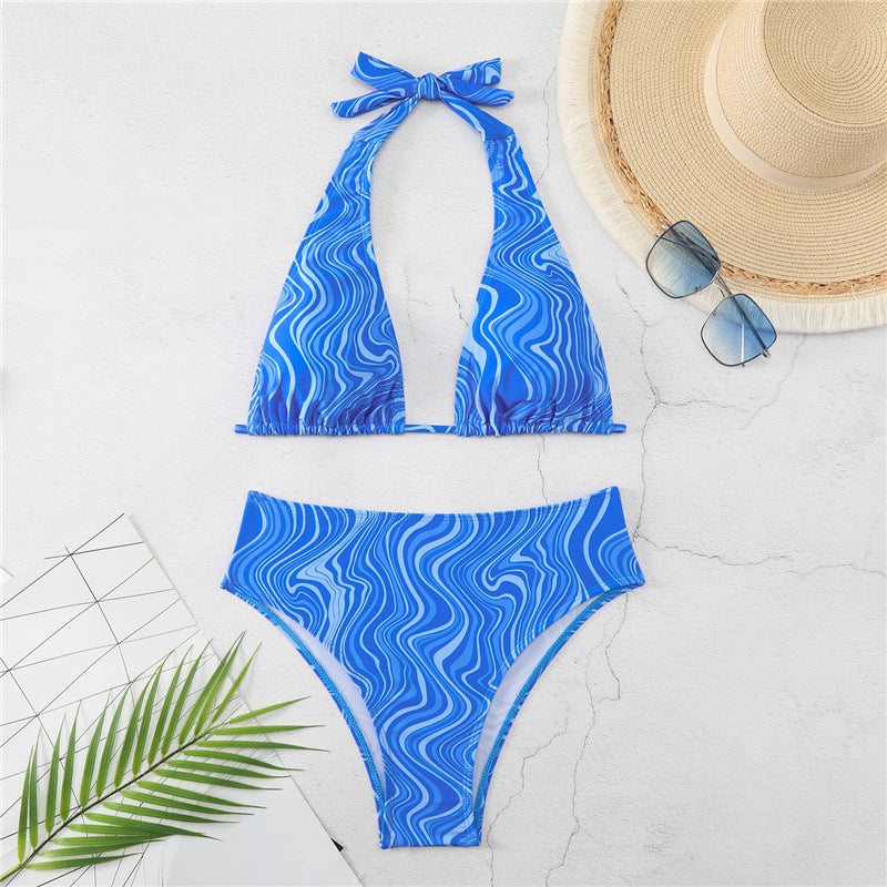 Damen Triangel-Bikini mit elegantem Wickeldetail und modischem Wellenmuster Drune