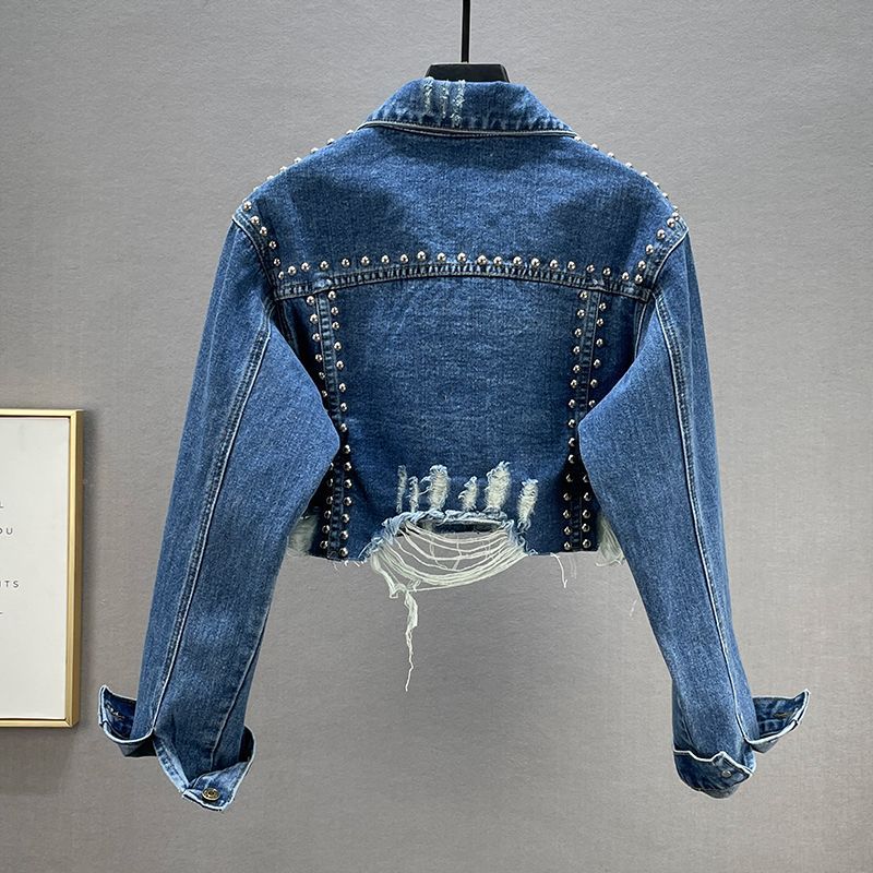 Damen Designer Denimjacke mit Nieten und Fransen Drune