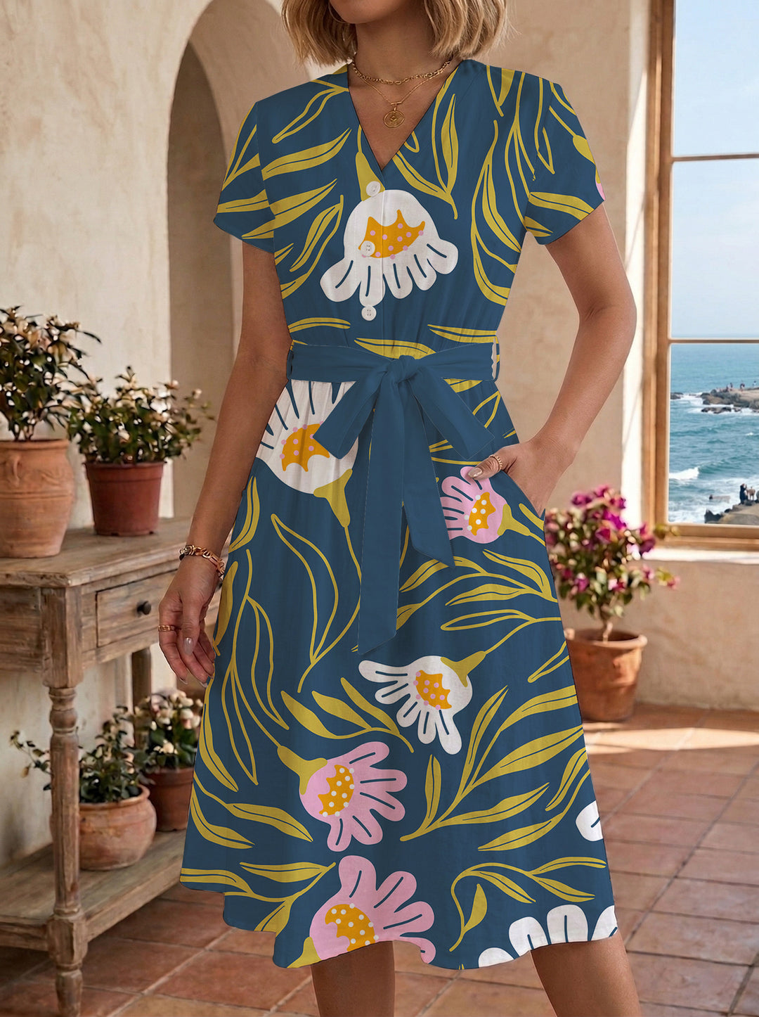 Damen lässiges Kleid mit modernem Leoprint und taillierbarem Gürtel Drune