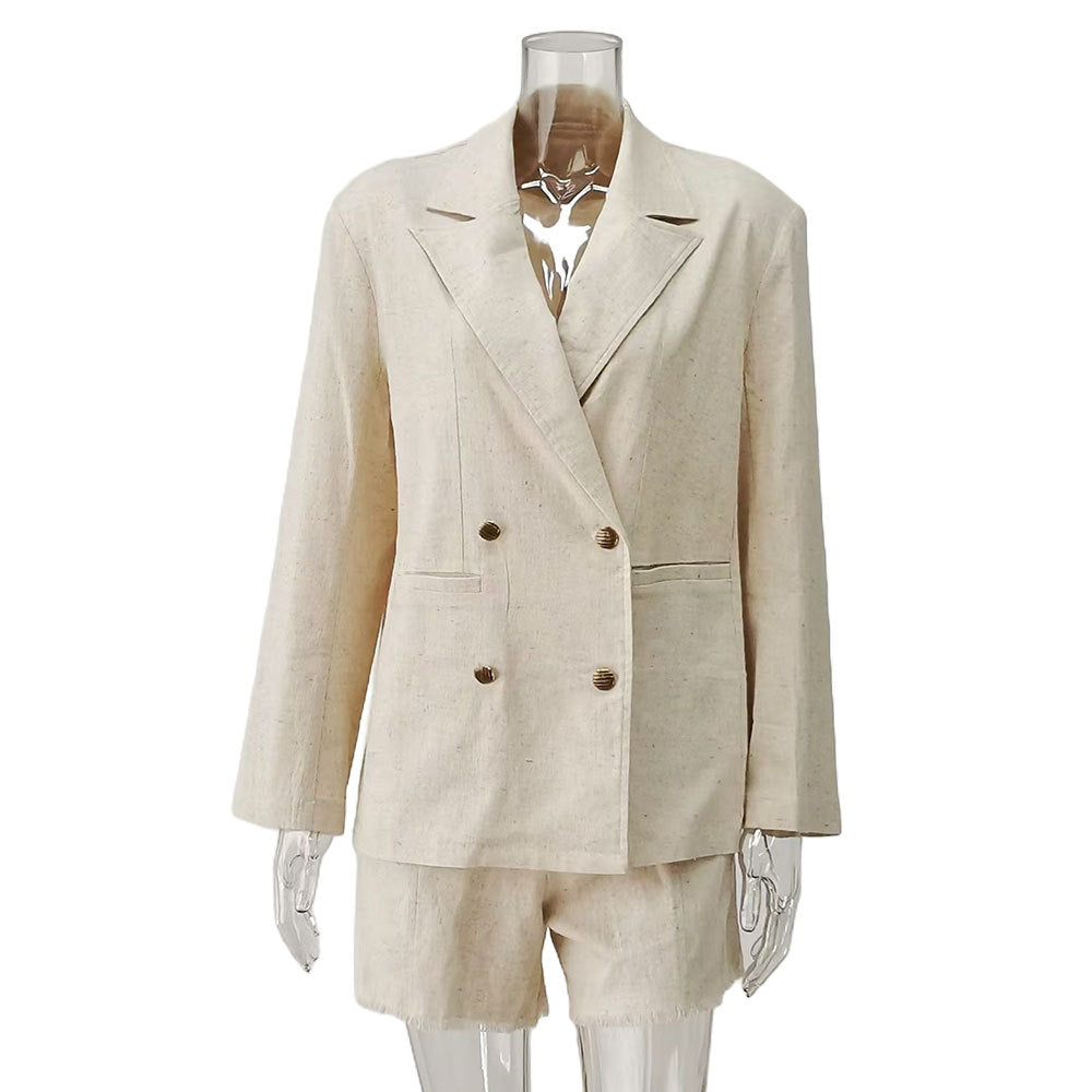 Damen Zweiteiliges Leinenanzug-Set mit Schößchenjacke und kurzen Hosen Drune