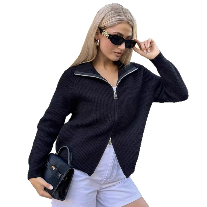 Damen modischer Grobstrickpullover mit hohem Kragen und durchgehendem Reißverschluss Drune