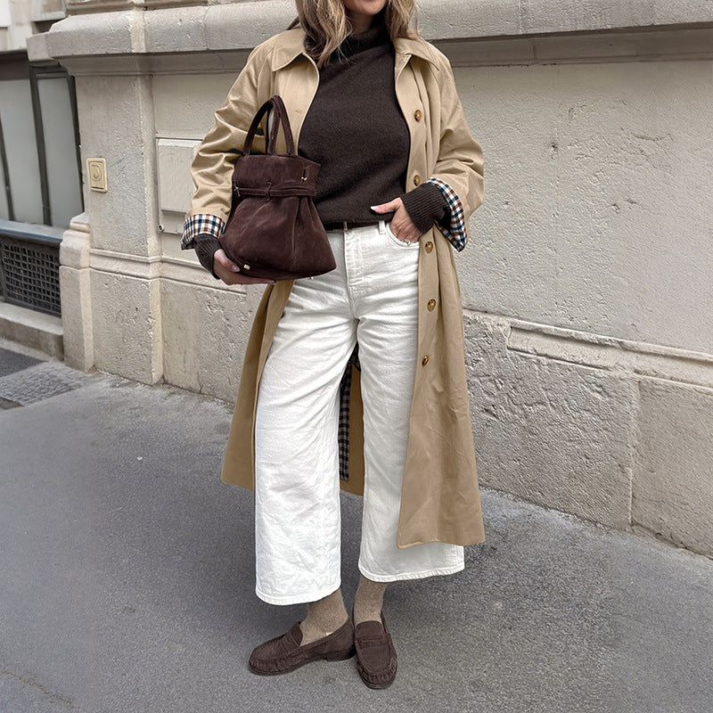 Damen modischer Trenchcoat mit kariertem Innenfutter und praktischem Schnitt Drune