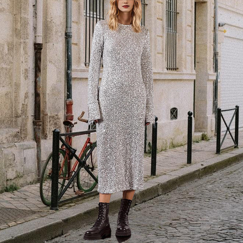 Damen Glitzerndes Midikleid mit elegantem Rundhalsausschnitt und figurschmeichelndem Schnitt Drune