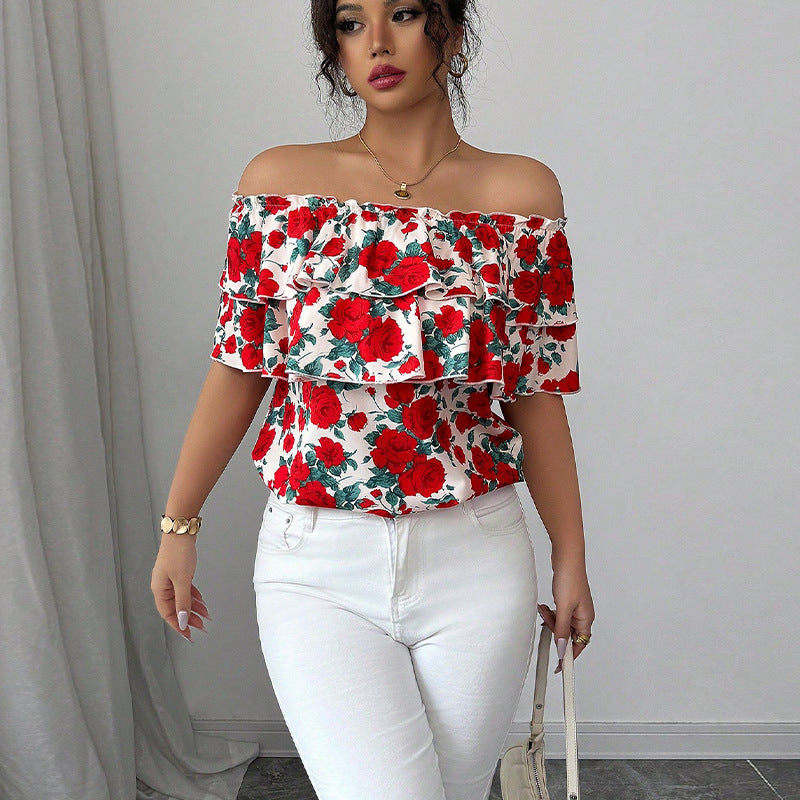 Damen Oberteil mit Volant und floralem Design Drune