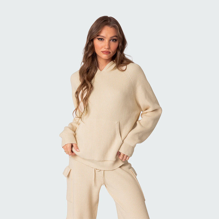 Damen nan gerippter Kapuzenpullover aus Feinstrick mit Kängurutasche und relaxed Fit Drune