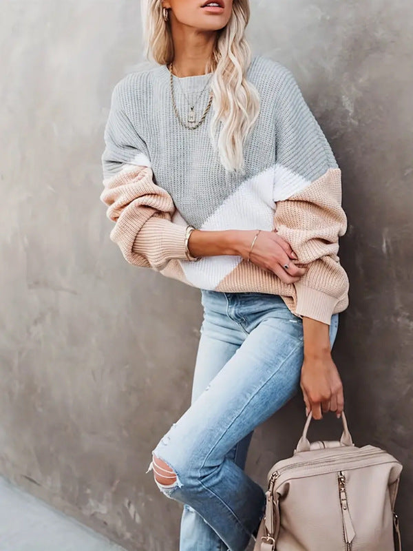 Damen Casual Blockstreifen Pullover mit voluminösen Ärmeln Drune