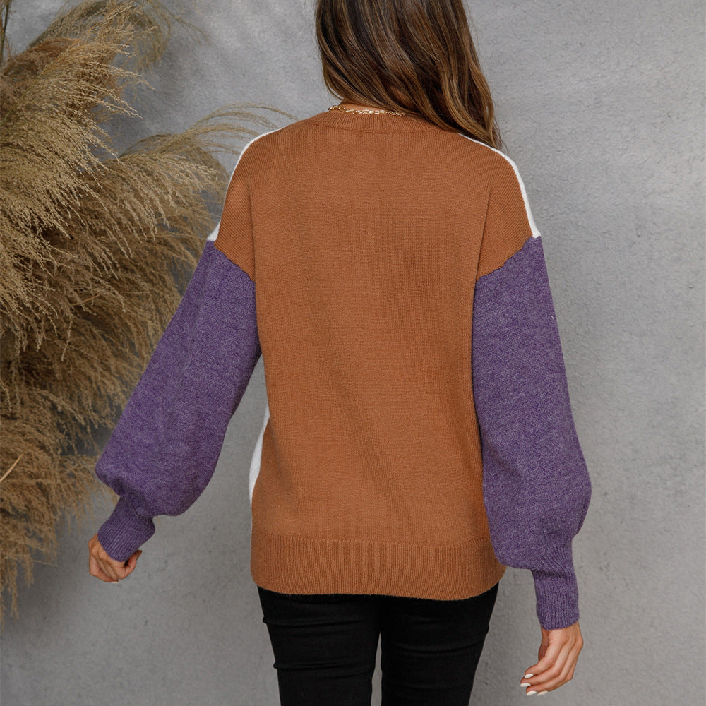 Damen lässiger Pullover mit Knopfleiste und kontrastierenden Ärmeln Drune