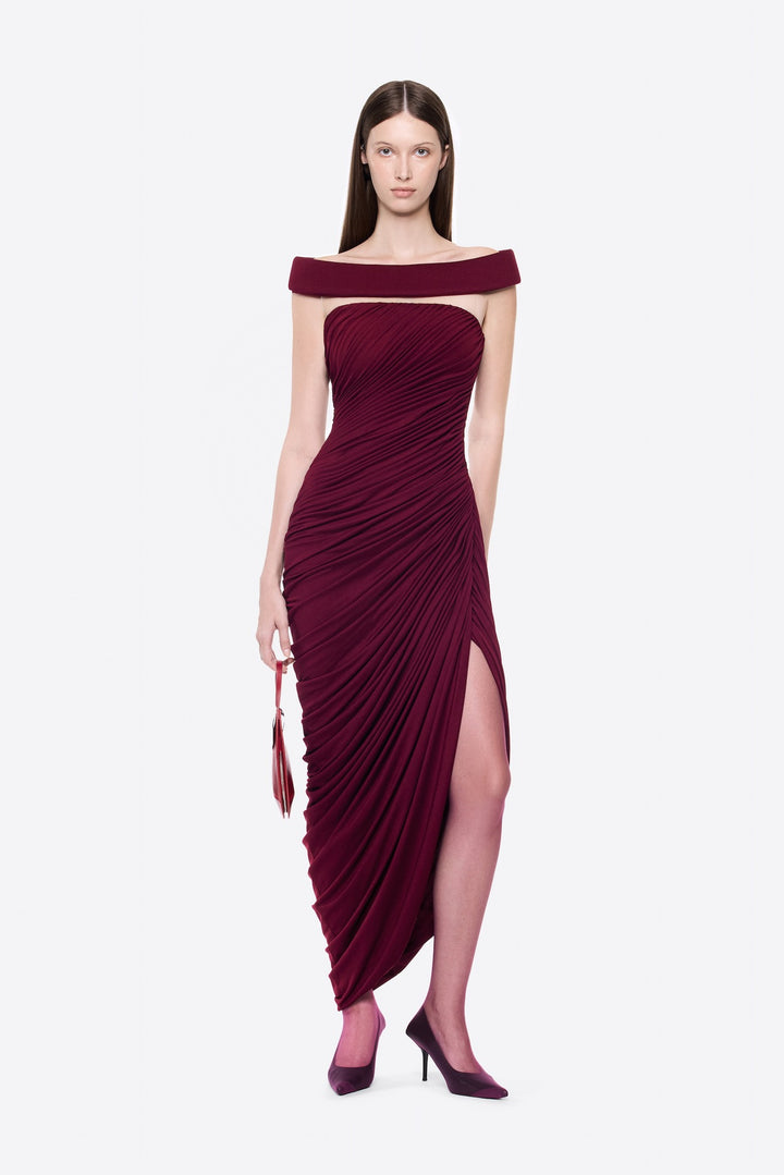 Damen Elegantes, schulterfreies Maxikleid mit raffinierten Drapierungen und hohem Schlitz Drune