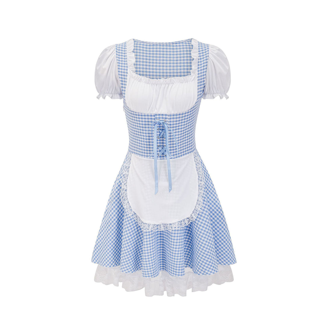 Damen nan Trachtenkleid im Vichy-Stil mit Puffärmeln, Schnürkorsett und Spitzenschürze Drune