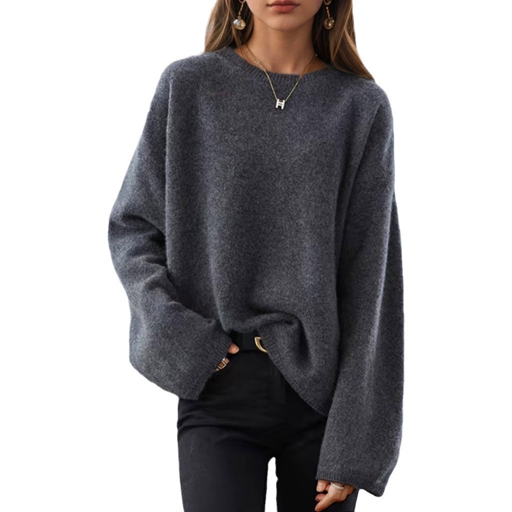 Damen nan lässiger Oversize-Strickpullover mit Rundhalsausschnitt und überschnittener Schulterpartie Drune