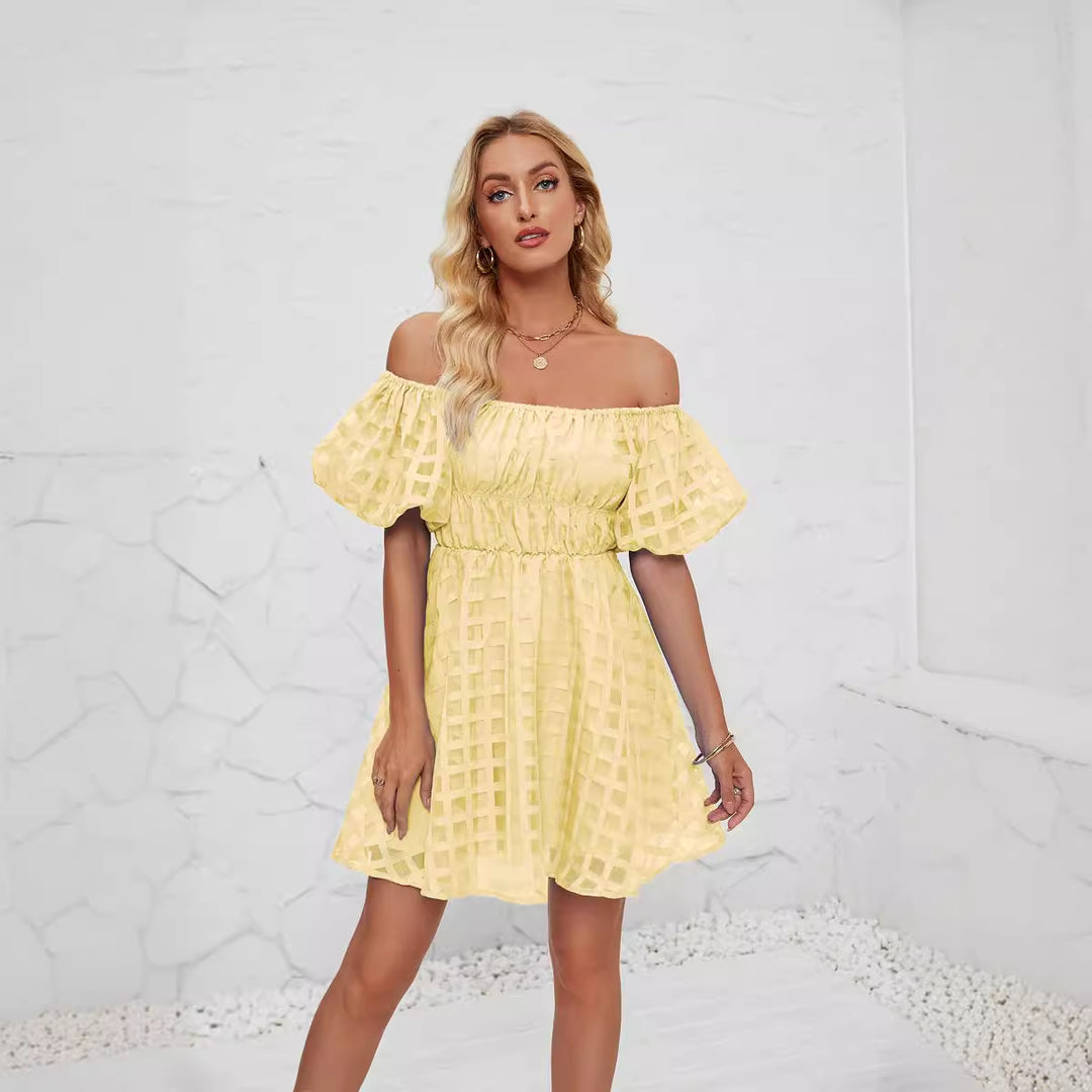 Damen Freizeitkleid im modernen Karomuster mit Puffärmeln und elastischer Taille Drune