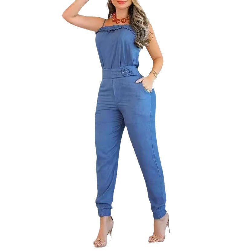 Damen lässiger Jumpsuit mit Rüschendetails und verstellbarem Taillengürtel Drune