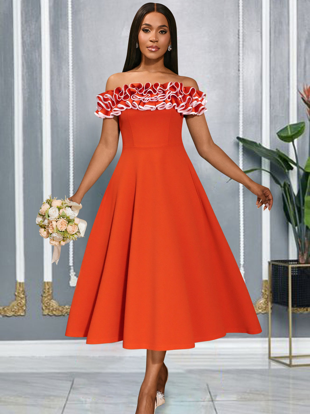 Damen A-Linien Abendkleid mit Off-Shoulder Rüsche Drune