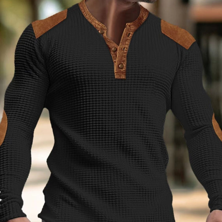 Herren Langarm-Henley-Shirt mit strukturiertem Gewebe und Kontrastdetails Drune