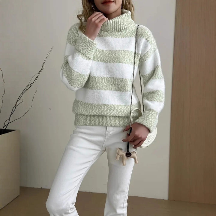 Damen Kuscheliger Pullover mit hohen Kragen und gestreiftem Design Drune
