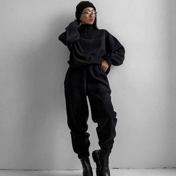 Damen komfortabler Fleece-Jogginganzug mit hohem Kragen und elastischen Bündchen Drune