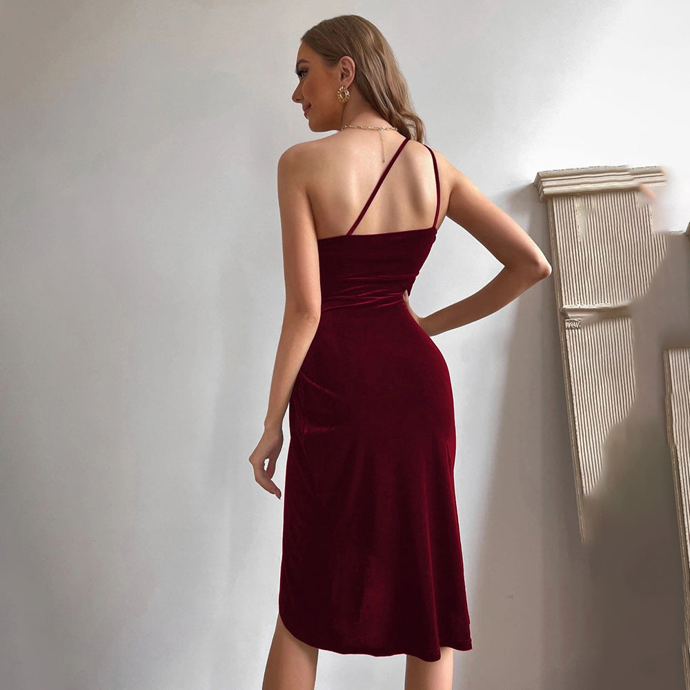 Damen Samt Minikleid mit asymmetrischem Ausschnitt und Rüschendetails Drune