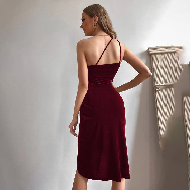 Damen Samt Minikleid mit asymmetrischem Ausschnitt und Rüschendetails Drune