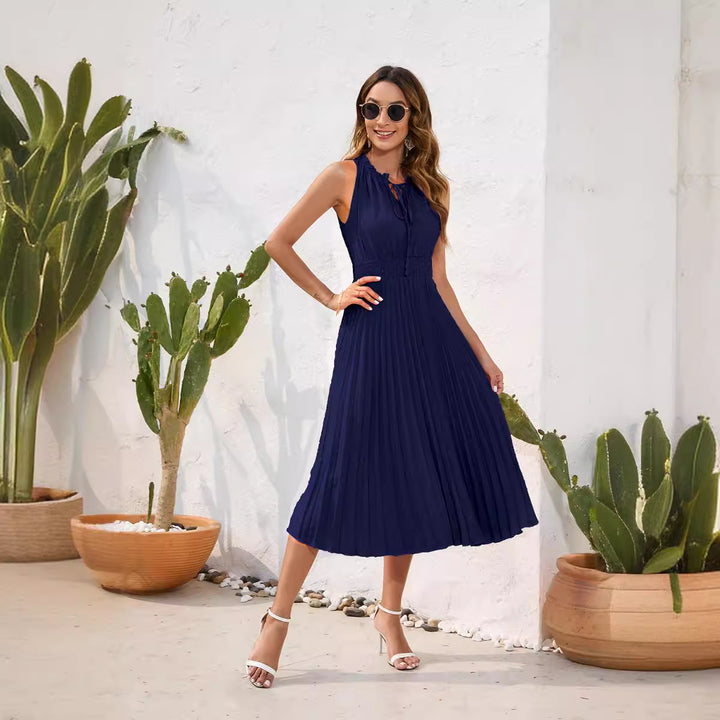 Damen Plissiertes Midikleid mit elegantem Schlitz und verstellbarem Kragen Drune