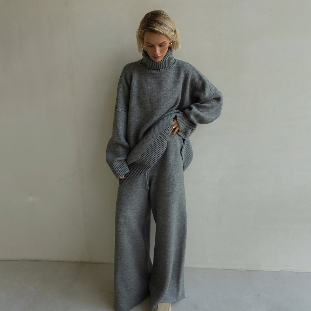 Damen Lässiger Strickanzug mit hoher Kragen und weitem Bein Drune
