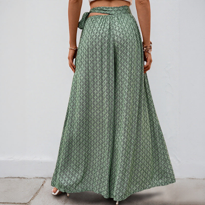 Damen Weite Palazzo-Hose mit seitlichem Bindegürtel und elegantem Print Drune