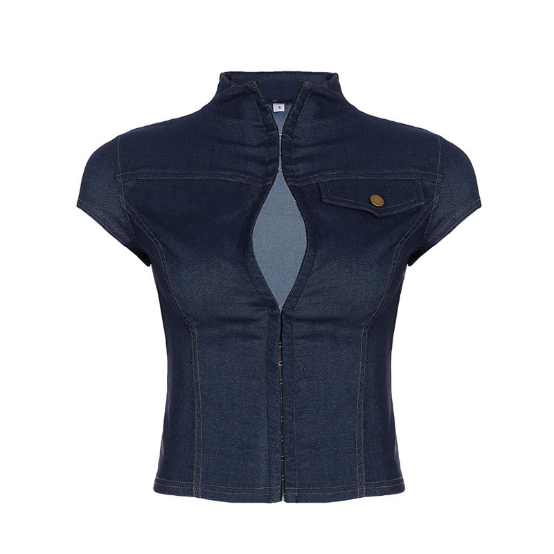 Damen modische Kurzarm Denim-Bluse mit eleganter Knopf-Detailierung Drune