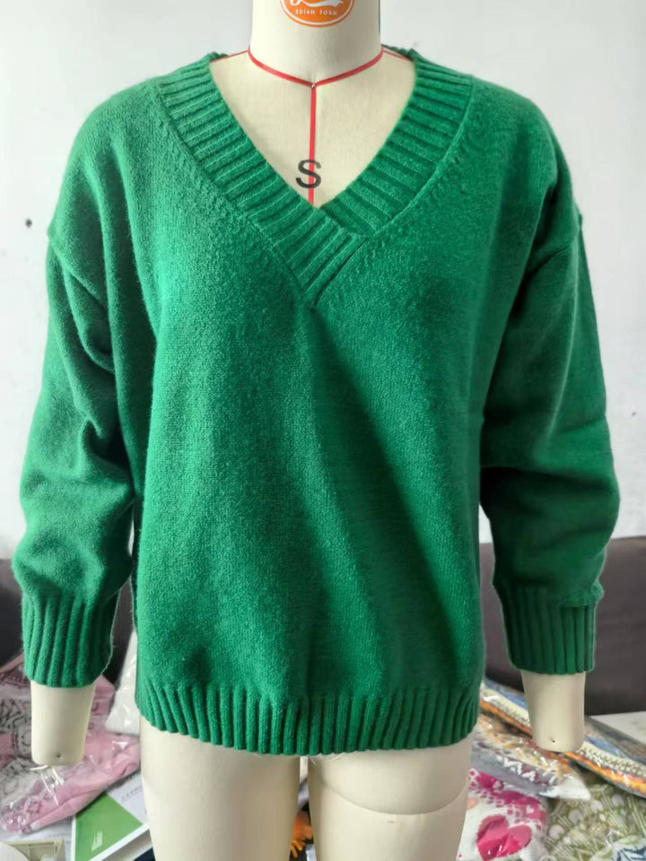 Damen nan Oversized V-Ausschnitt Strickpullover mit gerippten Bündchen Drune