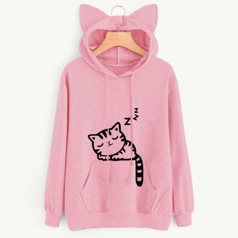 Damen Kapuzenpullover mit Katzenohren und süßem Druck Drune