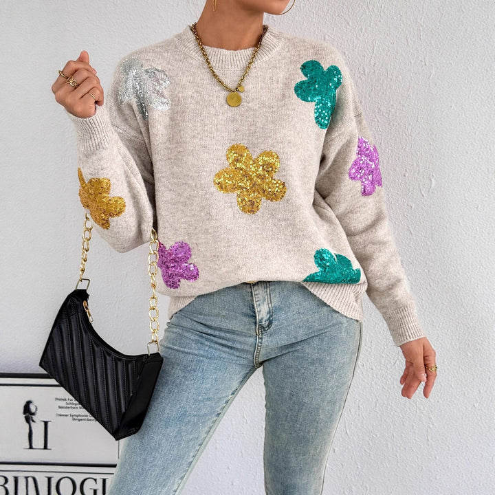 Damen Strickpullover mit glitzernden Blütenapplikationen Drune