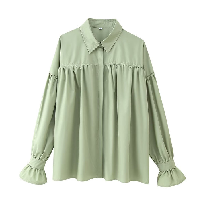Damen nan oversized Tunika-Bluse mit verdeckter Knopfleiste, geraffter Passe und Volantmanschette Drune