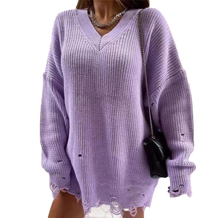 Damen Grobstrick Pullover mit V-Ausschnitt und lässigem Schnitt Drune