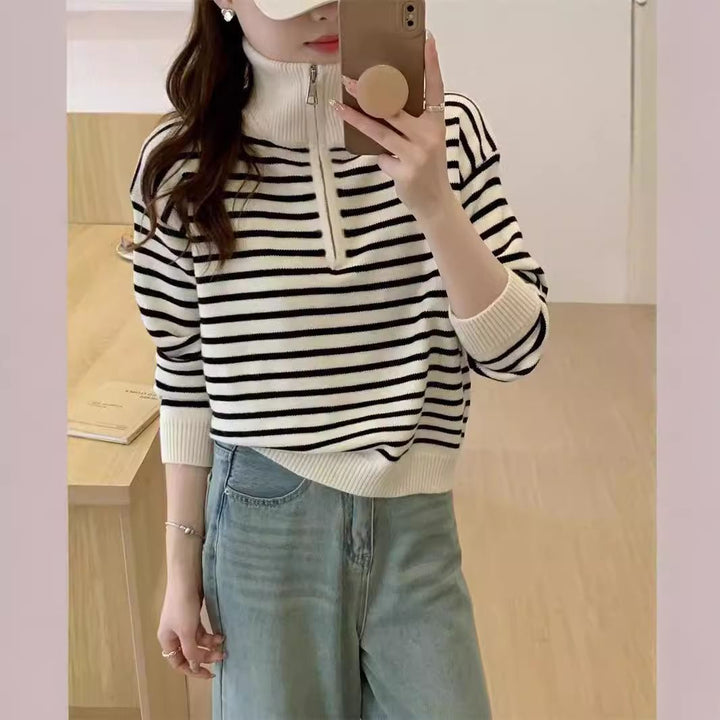 Damen lässiger Pullover mit Reißverschluss und Streifenmuster Drune
