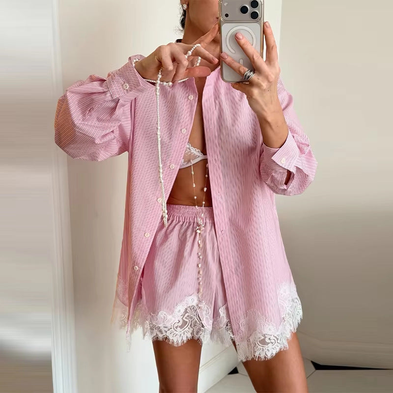 Damen nan zweiteiliges Satin-Pyjama-Set mit Hemdbluse, Gummibund-Shorts und Spitzenbesatz Drune