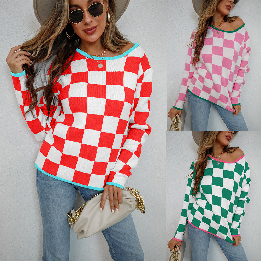 Damen lässiger Pullover mit Checkerboard-Muster Drune