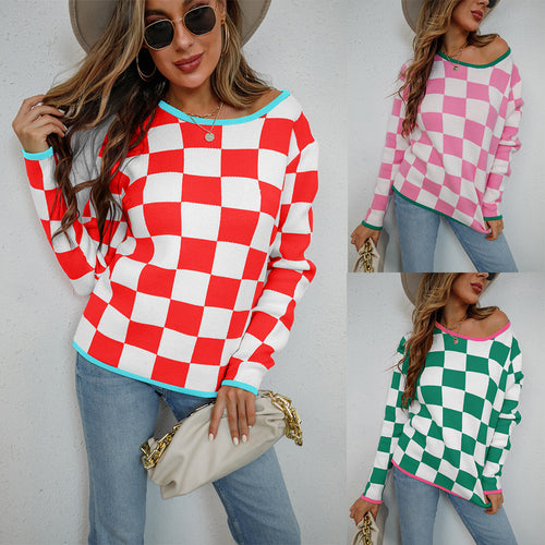 Damen lässiger Pullover mit Checkerboard-Muster Drune