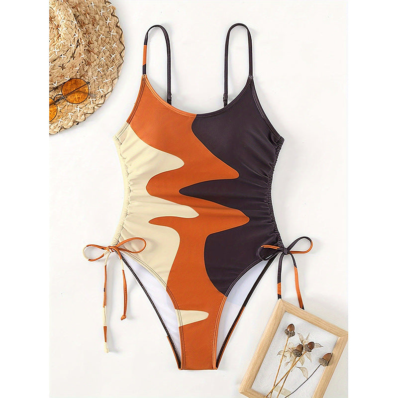 Damen Einteiler Badeanzug mit asymmetrischem Muster und verstellbarem Bindeband Drune