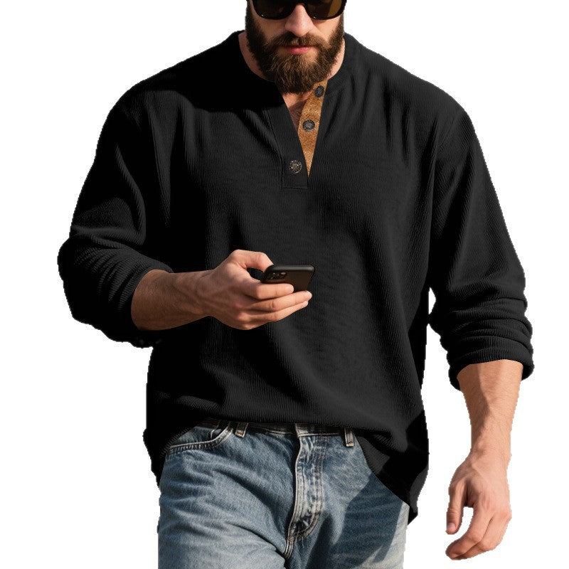 Herren nan langärmeliges Henleyshirt aus strukturierter Baumwollmischung mit Zierknopfleiste Drune