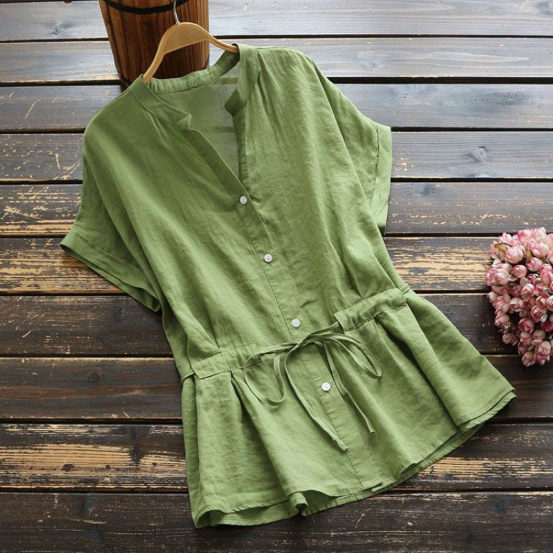 Damen Button-Up Tunika mit tailliertem Design und kurzen Ärmeln Drune