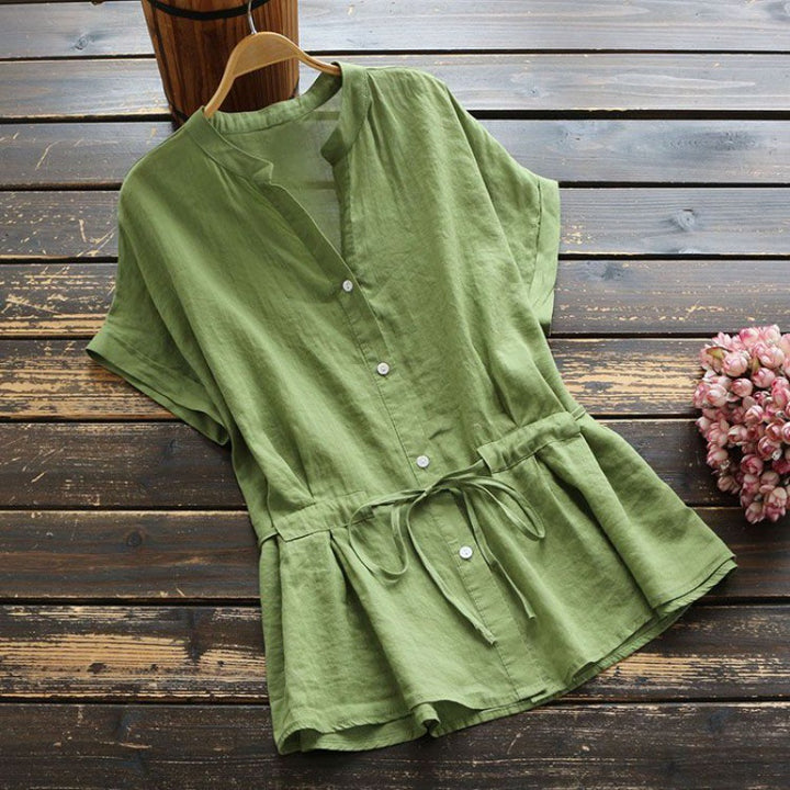 Damen Button-Up Tunika mit tailliertem Design und kurzen Ärmeln Drune