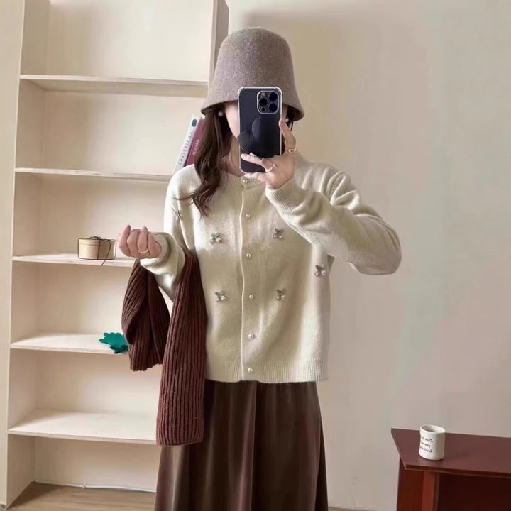 Damen modische Strickjacke mit Bärenapplikationen und Knopfdetails Drune
