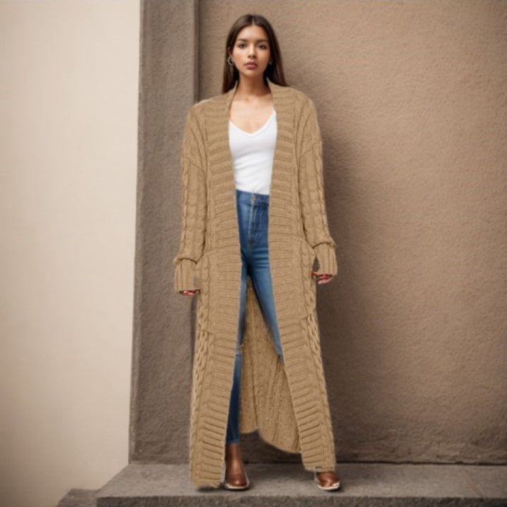 Damen langen Strickcardigan mit hochwertigem Zopfmuster Drune