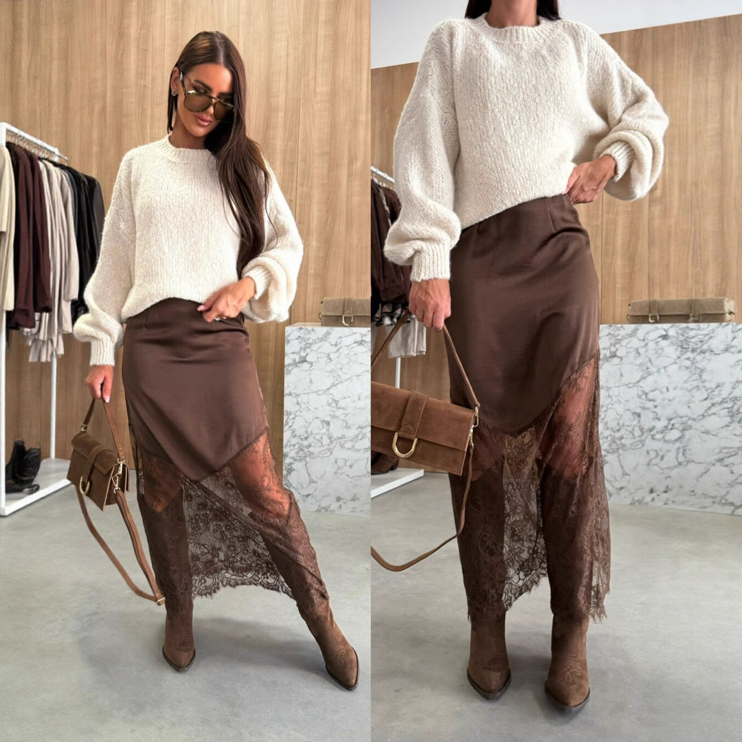 Damen eleganter Maxirock mit feiner Spitzenverzierung und fließendem Fall Drune
