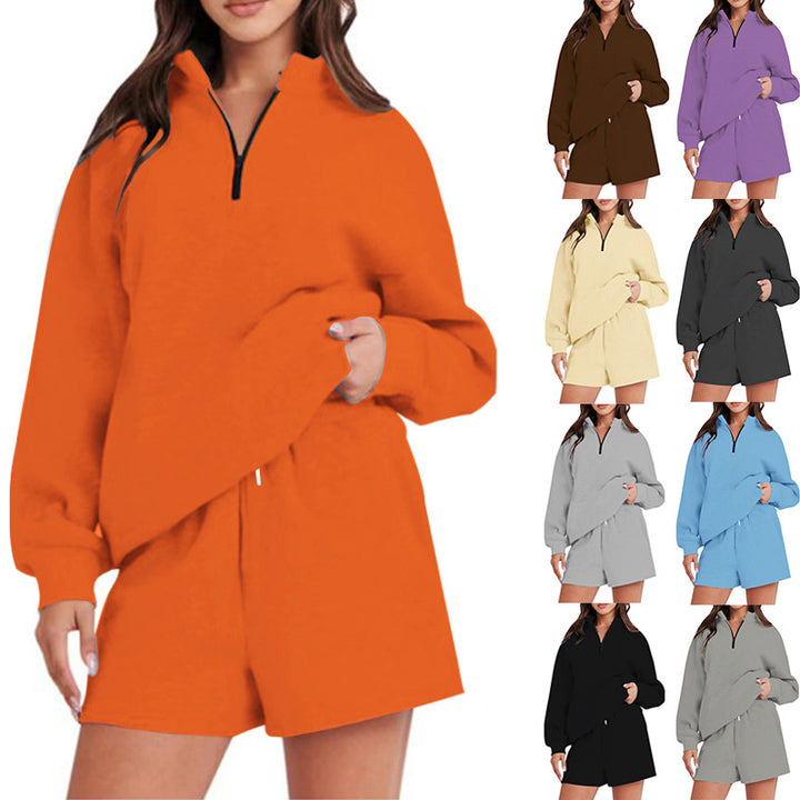 Damen bequemen Freizeit-Sweatanzug mit halbem Reißverschluss und Shorts Drune