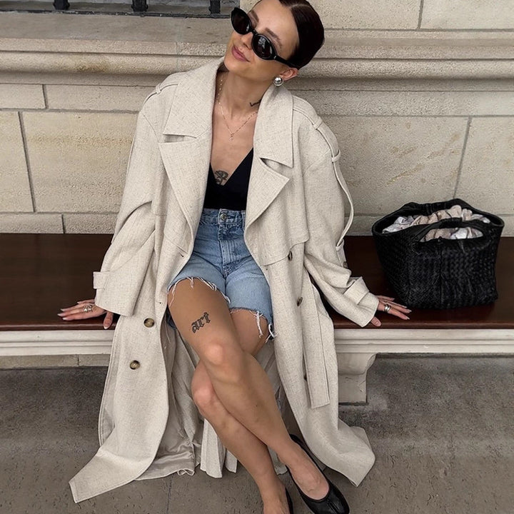 Damen eleganter Trenchcoat mit ausgefallenen Knopfdetails Drune