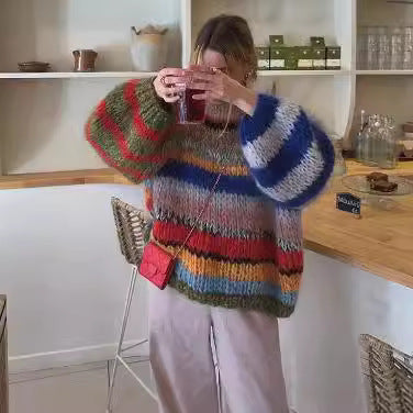 Damen Kuscheliger Strickpullover mit weit ausgestellten Ärmeln und buntem Streifenmuster Drune