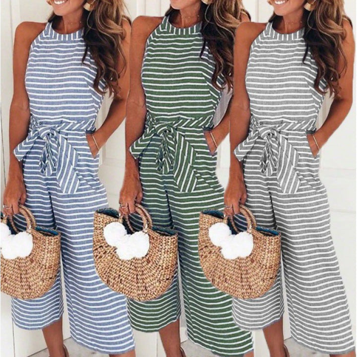 Damen Jumpsuit mit modischem Streifenmuster und elegantem Taillengürtel Drune