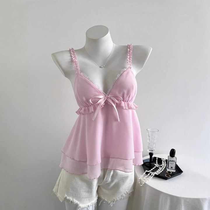 Damen lässiges Top mit Rüschendetails und Schleifenakzent Drune